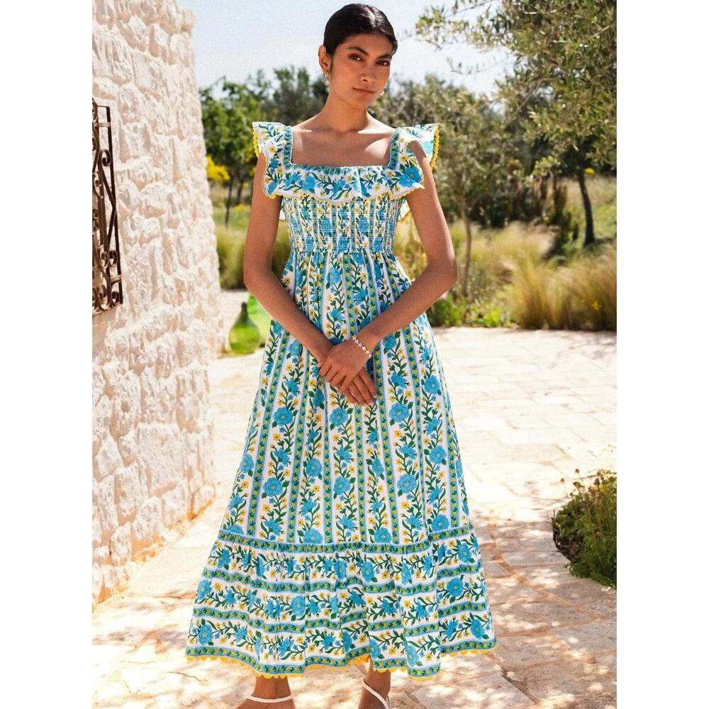 Pink City Prints Tuckernuck Smocked Hibiscus Carrie Midi Block Ruffle Dress L